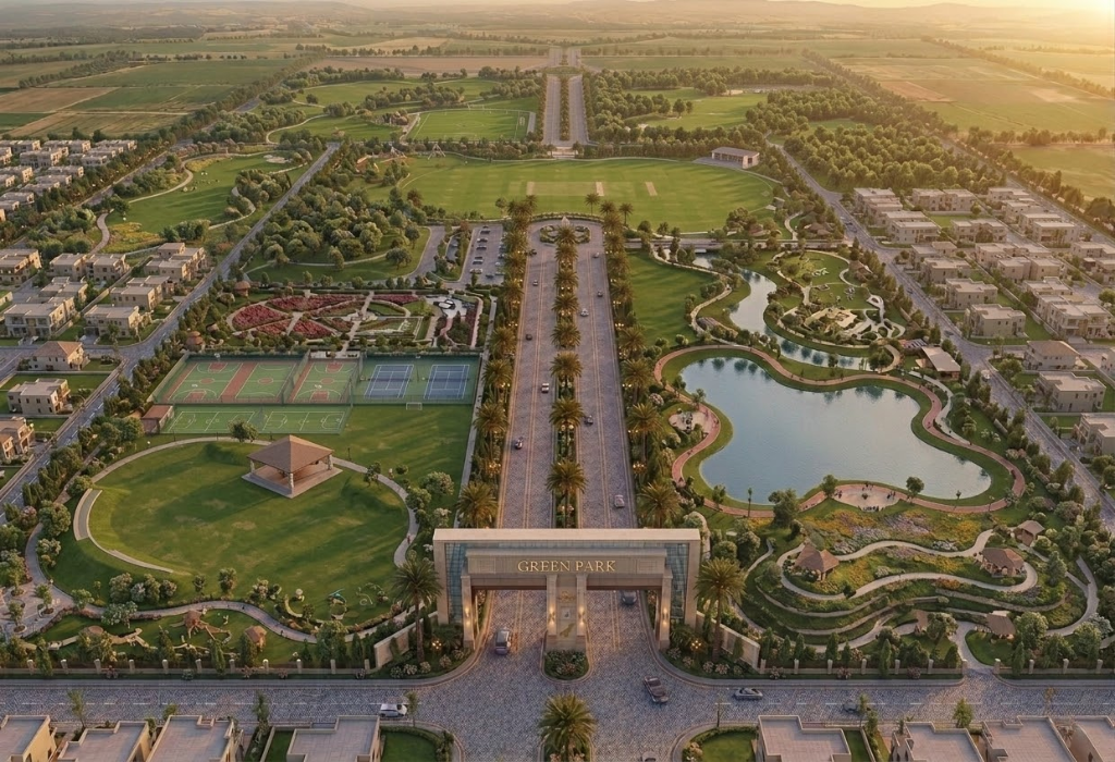 Central park with walking tracks and landscaping