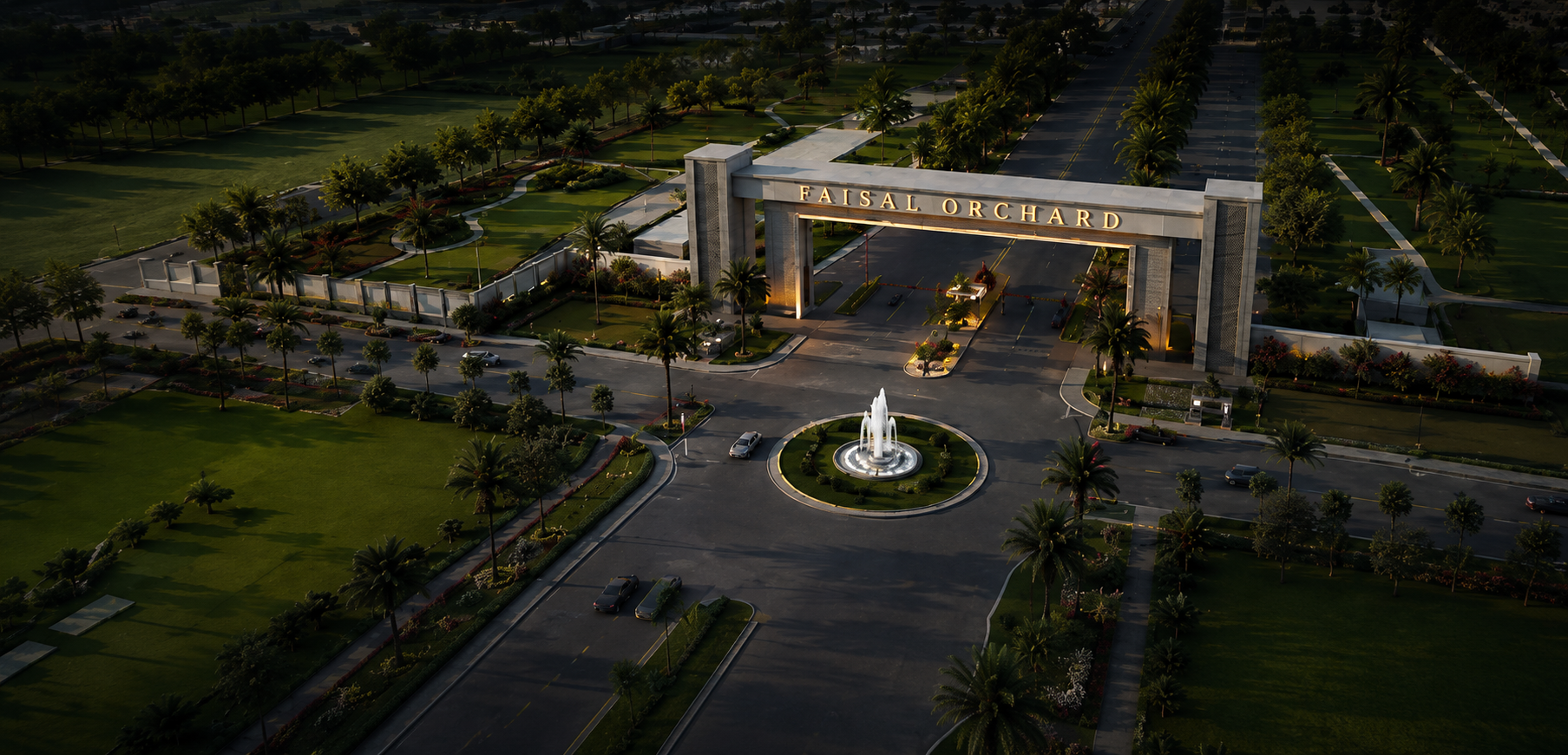 Grand entrance gateway of Faisal Orchard at dusk with palm-lined boulevards