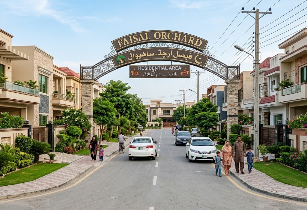 Residential streets and modern homes at Faisal Orchard